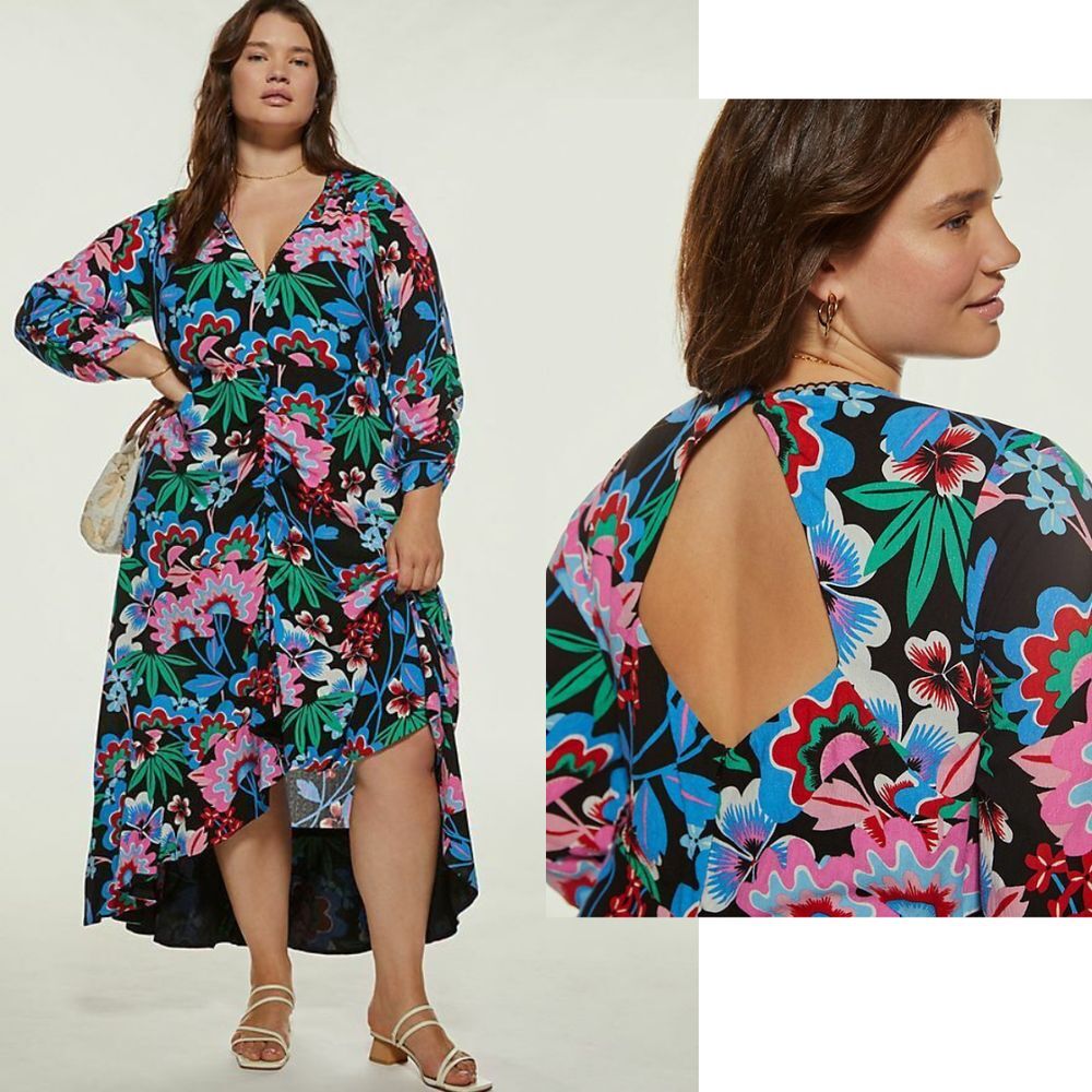 Plus Floral Wrap V-Neck Maxi Dress in Black and Multi